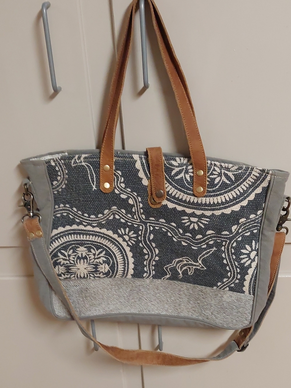 Mya Bag Canvas Pattern Tote with Tan Leather Handles - Gray & Blue